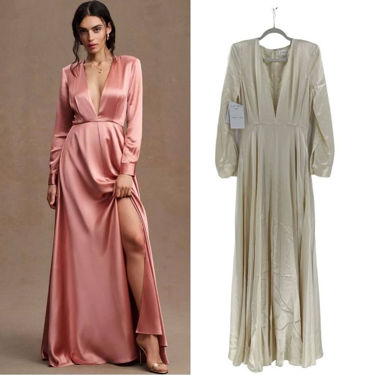 Reposhing This Item I Purchased. It’s Beautiful, Just Not For Me. Nwt Questions? Leave A Comment Below! Beige V-neck Evening Dress For Formal Occasions, Elegant Silk V-neck Gown, Beige V-neck Evening Dress For Wedding, Beige V-neck Maxi Dress For Cocktail, Feminine V-neck Evening Dress For Formal Occasions, Cream Silk V-neck Maxi Dress, Luxury Satin V-neck Evening Dress, Luxury Long Sleeve Silk Gown, Feminine Long Sleeve Maxi Dress For Evening