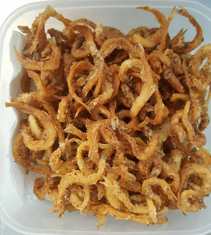 fried onion rings in a plastic container on a table