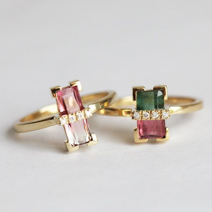 tourmalines.... Contemporary Rings, Coloured Gemstones, Watermelon Tourmaline Ring, Baguette Engagement Ring, Unique Diamond Engagement Rings, Yellow Engagement Rings, Art Deco Diamond Rings, Unique Diamond Rings, Paraiba Tourmaline