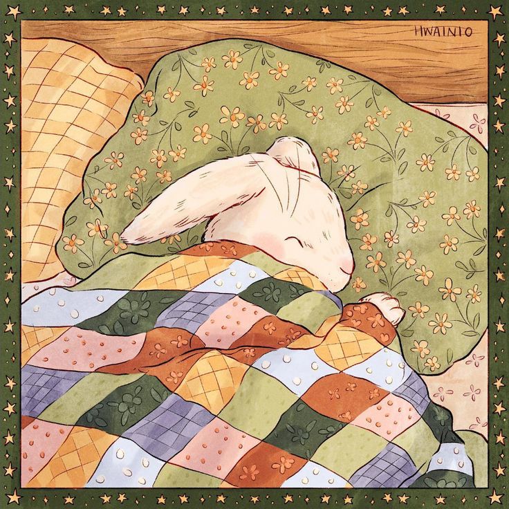 a painting of a dog sleeping on a bed covered in blankets and pillows with stars around it