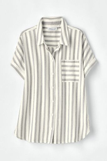 A crossover pleat below the back yoke gives this black-and-white striped shirt a unique twist. | Women's Riverside Striped Shirt - White Multi - PS - Petite Size Spring Tops With Vertical Stripes And Shirttail Hem, Chic Vertical Stripes Blouse For Day Out, Classic Striped Blouse With Shirttail Hem, Casual Black Blouse With Vertical Stripes, Black Casual Blouse With Vertical Stripes, Casual Tops With Vertical Stripes And Shirttail Hem, Summer Workwear Tops With Contrast Stripes, Chic Striped Blouse With Shirttail Hem, Striped Shirttail Hem Top For Work