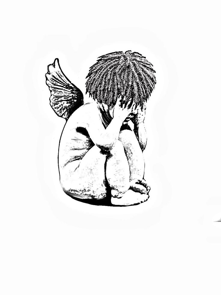 a black and white drawing of an angel sitting on the ground