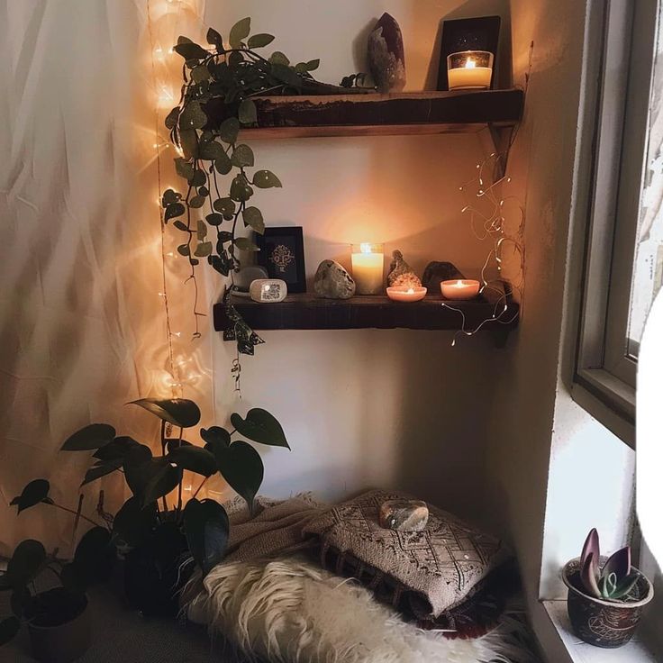 a shelf with candles, plants and other items on it next to a window sill