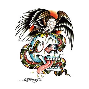 an eagle sitting on top of a skull with a snake around it's neck