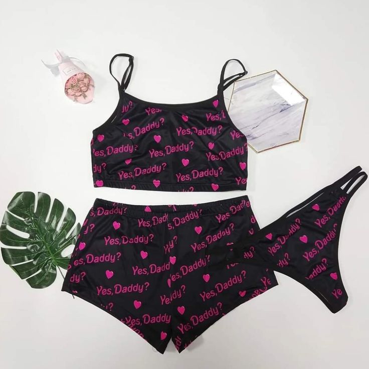 Brand New Never Worn 3 Pcs Yes Daddy Nightwear Set Black Summer Sleepover Sets, Black Summer Sets For Sleepover, Pink Summer Night Sets, Black Letter Print Sleepwear For Summer, Pink Letter Print Sets For Pajama Party, Lounge Wear Summer, Night Wear, Nightwear, Diy Clothes