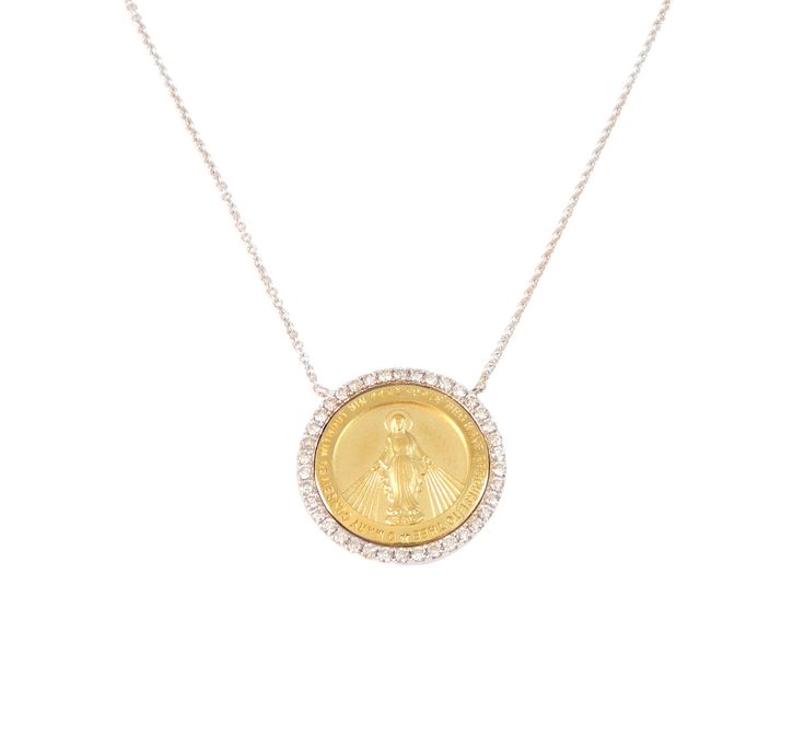 Gorgeous round diamond medal with Miraculous medal. The medal has 0.30cts total weight in diamonds. The necklace measures 18'' inches with jump ring at 17'' inches and 16'' inches. Diamond Coin Pendant Necklace, Commemorative White Gold Necklace With Coin Pendant, Gold Diamond Medallion Necklace, Gold Medallion Diamond Necklace, Round Miraculous Medal Necklace For Anniversary, Miraculous Medal Necklace, The Necklace, Miraculous Medal, Jump Rings