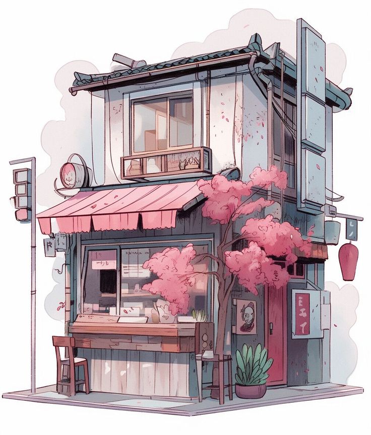 a drawing of a building with pink flowers on the outside and a tree in front