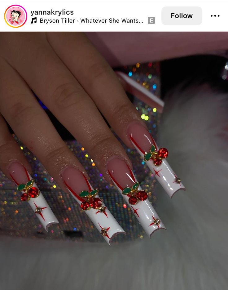 Quinceanera Nails, Simple Family Meals, Cheap Meal, Cherry Nails, Girly Acrylic Nails, French Acrylic Nails, Pretty Gel Nails, Acrylic Nails Coffin Pink, Unique Acrylic Nails