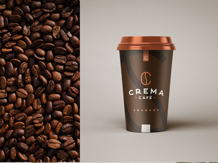 a cup of coffee next to a pile of coffee beans on a gray background and an image of the same cup