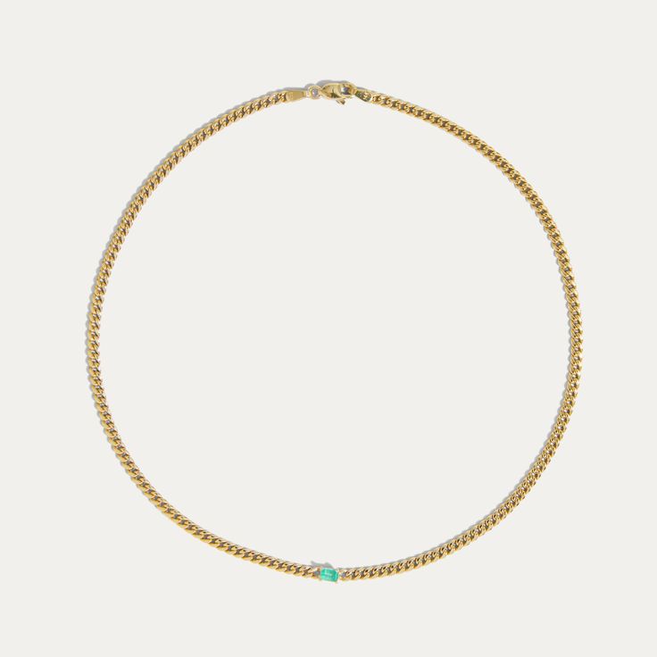 Our Curb Link Emerald Necklace is the most beautiful necklace to wear alone of layer with other necklaces. It is a trendy yet classic look that you will love for years to come. 14K Yellow Gold 14",15" or 16" hollow curb link necklace with a lobster clasp 5x3 mm Emerald on a 4 prong setting set in the middle of the necklace IN STOCK AND READY TO SHIP