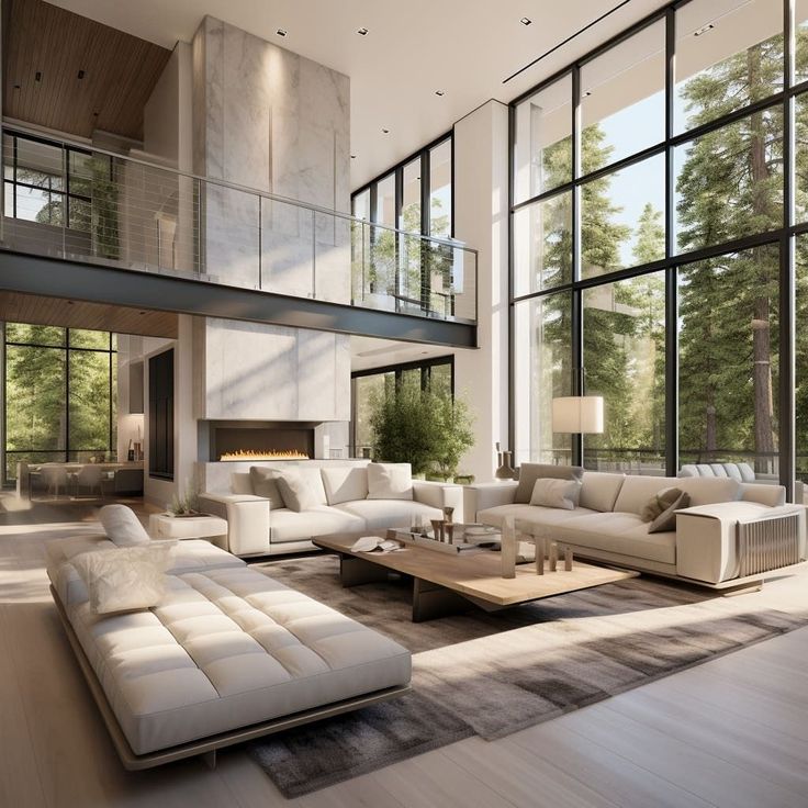 a large living room with high ceilings and floor to ceiling windows