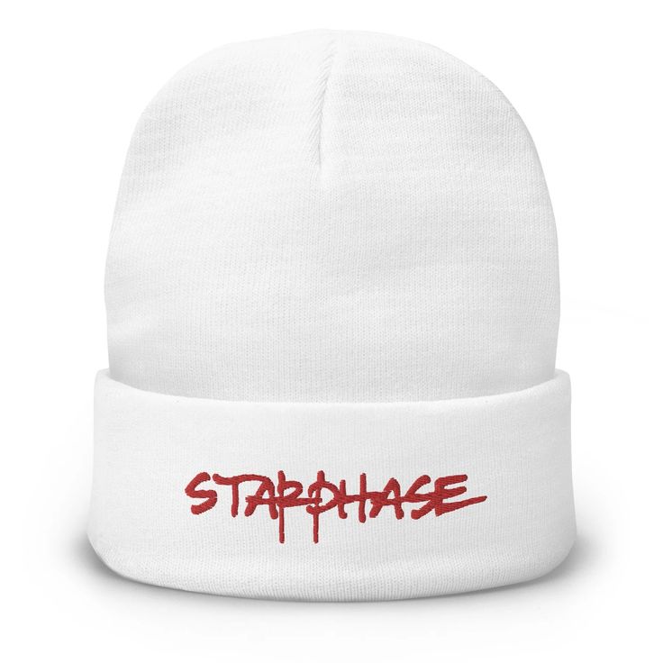 SP Embroidered Beanie - Starphase Fitted Cotton Hats With Embroidered Logo, Unisex Cotton Hats For Winter, Trendy Fitted White Beanie, White Cotton Beanie One Size Fits Most, Fitted Beanie For Winter Streetwear, White Cotton Beanie For Winter, Warm Fitted White Beanie, Winter Beanie For Streetwear, White Fitted Warm Beanie