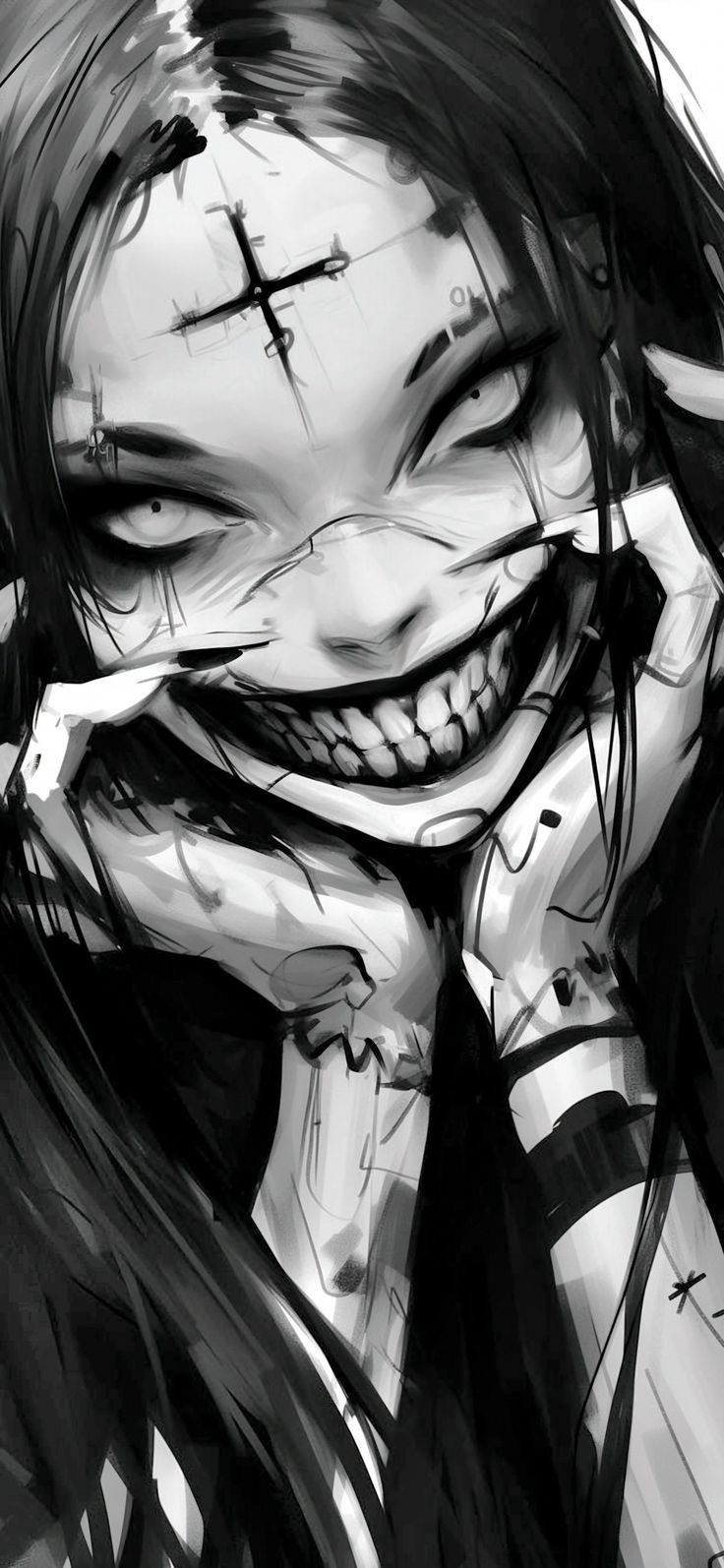 a drawing of a girl with her face painted black and white