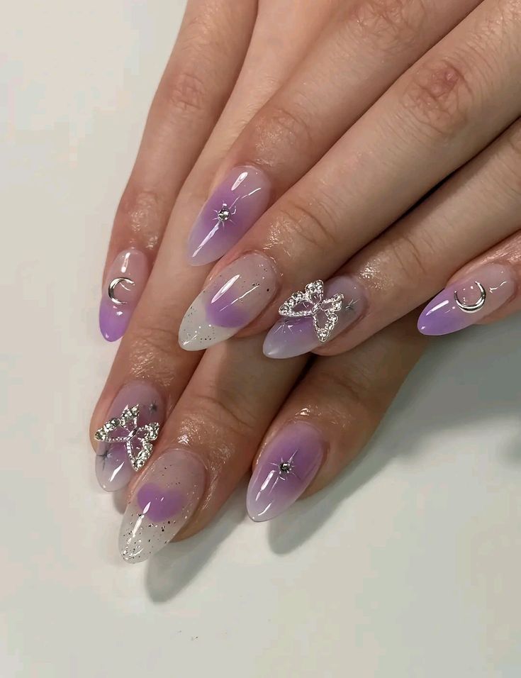 Acrylic Nails For Quinceanera, Quince Nails Simple, Cute Gel X Nail Designs, Light Pink Quince, Pink Quince Nails, Lavender Nail Ideas, Nails For Quinceanera, Purple And Silver Nails, Purple Chrome Nails