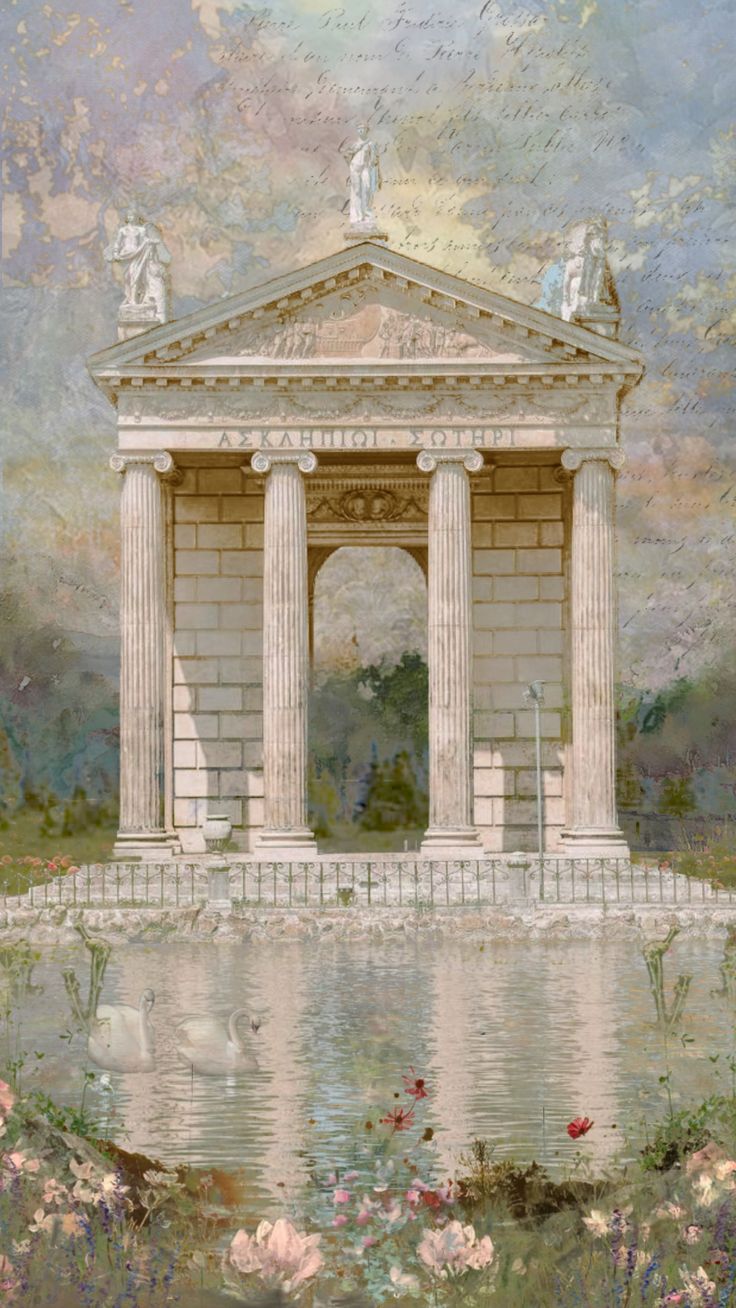 a painting of an old building with statues on it's sides and flowers in the foreground