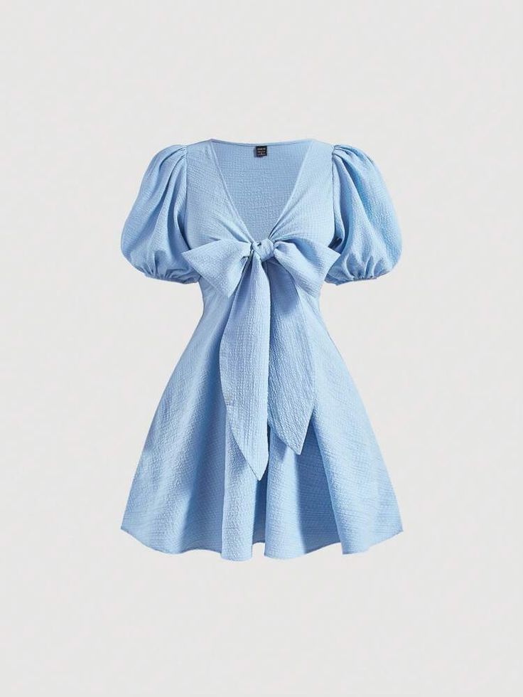 SHEIN MOD Tie Front Puff Sleeve Dress | SHEIN USA Blue Outfits Dress, Cute Dresses Blue, Baby Blue Outfit, Baby Blue Dresses, Blue Dress Short, Cute Dress Outfits, Easy Trendy Outfits, Short Dresses Casual, Puffed Sleeves Dress