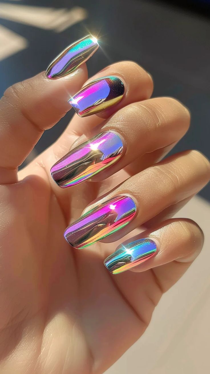 21 Dazzling Chrome Nail Designs To Make Your Nails Shine 70s Disco Inspired Nails, 70s Disco Nail Designs, Birthday Chrome Nails, Multi Colored Chrome Nails, Chrome Nail Inspiration, Chrome Neon Nails, Lisa Frank Nail Designs, Manicure Summer 2024, New Nails Design 2024