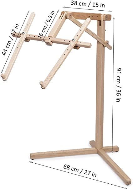 a wooden stand with two legs and one leg on the ground, measurements for each side