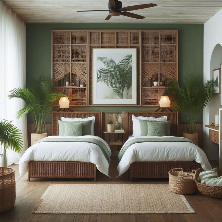 two beds in a room with green walls and wooden flooring next to each other