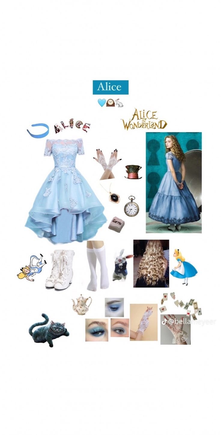 a collage of alice and the wonderland characters in blue dresses, white shoes, and accessories