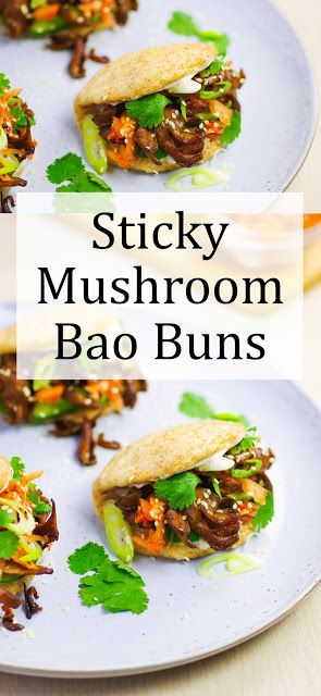 sticky mushroom bao buns on a plate with green garnish and cilantro