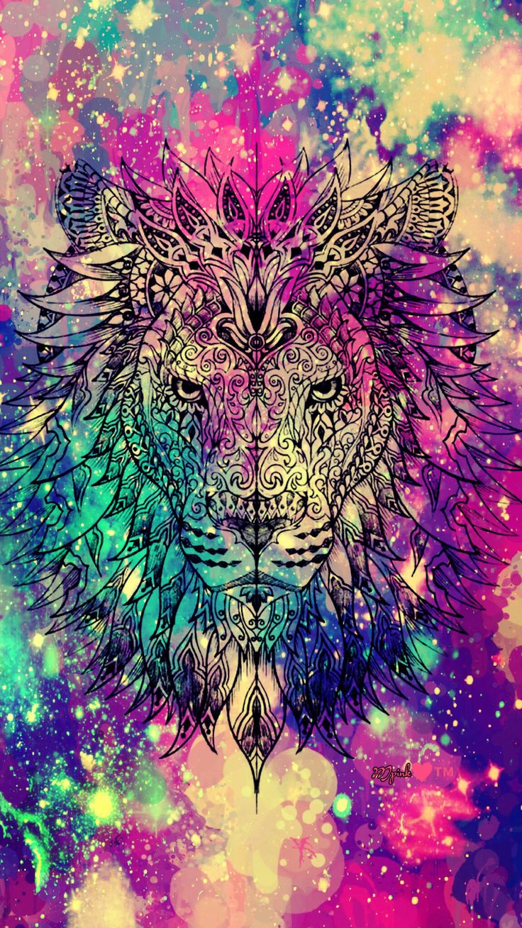 the head of a lion on a colorful background