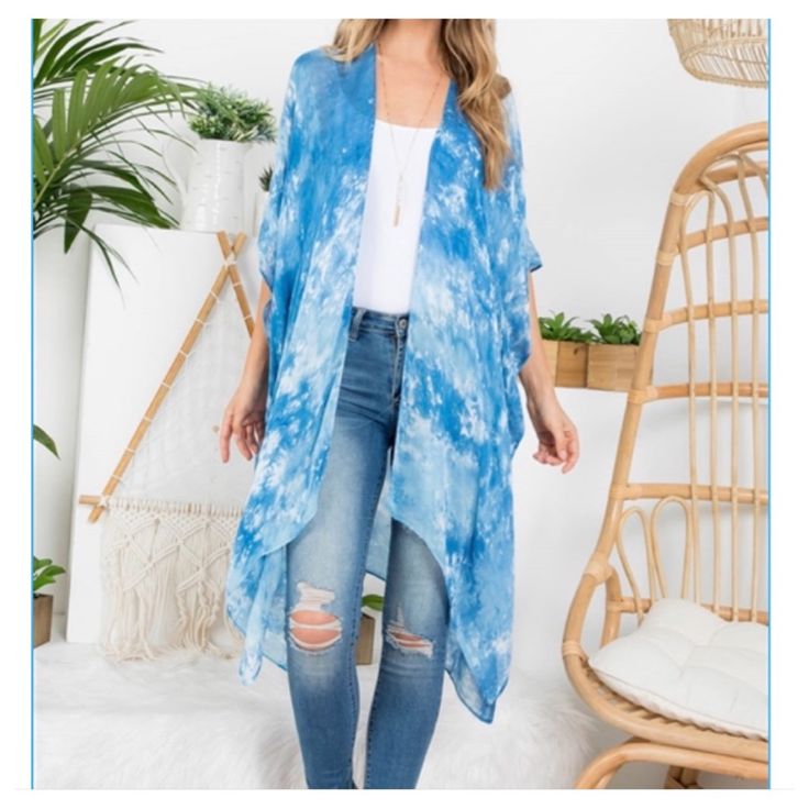 Boho Chic Gorgeous Kimono, Swim Coverup, Robe In A Beautiful Blue Tie Dye Print With Sleeves. Tie Dye Is Always Trendy!!! 100% Polyester Material. Turn Heads While Being Stylish & Sexy . One Size Fits Most S-2xl Lightweight Open Front Casual Cover-up, Blue Breezy Summer Cover-up, Blue Breezy Flowy Cover-up, Blue Flowy Breezy Cover-up, Blue Open Front Cover-up For Vacation, Oversized Cotton Casual Cover-up, Oversized Open Front Top For Vacation, Oversized Open Front Vacation Top, Lightweight Casual Cover-up