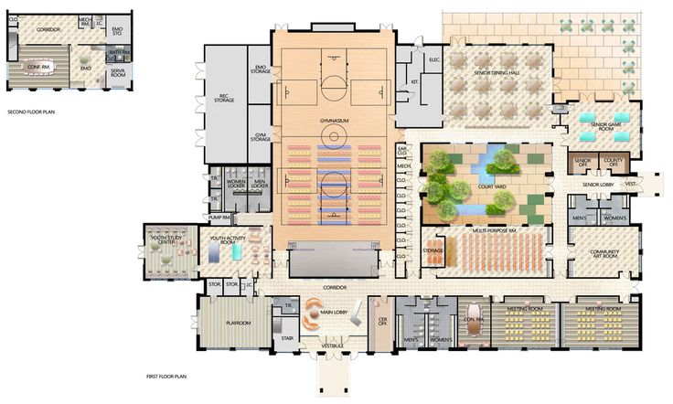 the floor plan for an indoor basketball court, with several different areas to sit and play