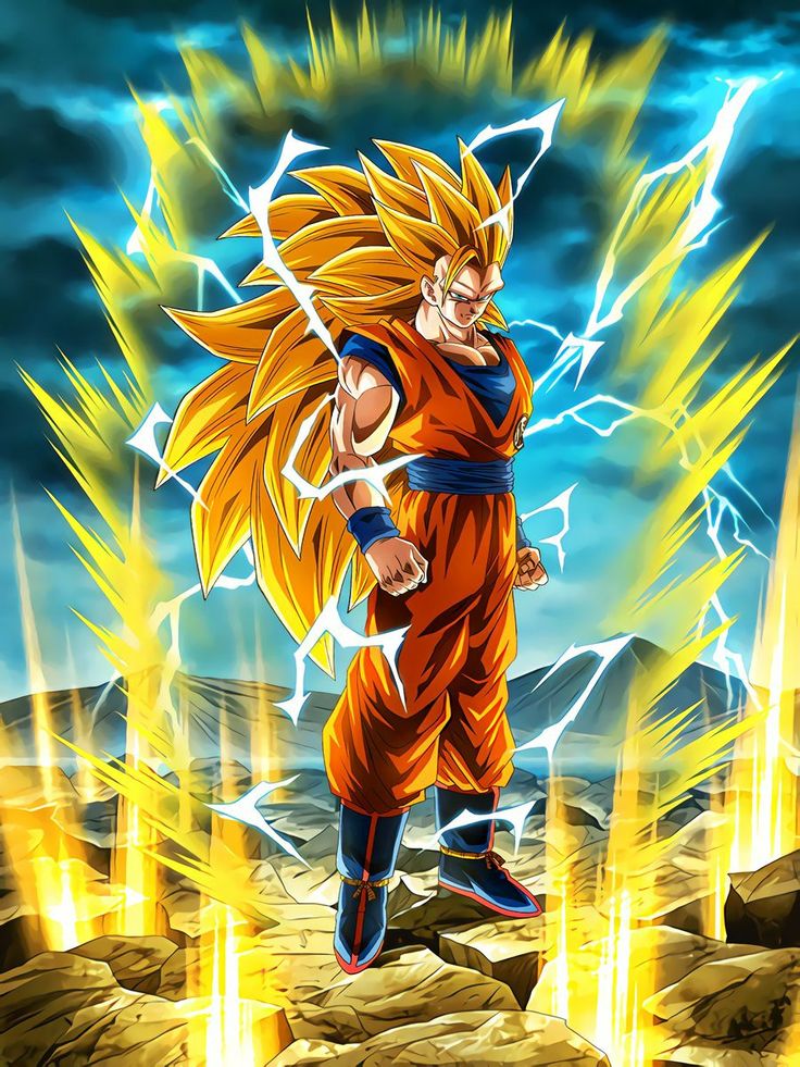 the dragon ball character is in action with his yellow hair and blue eyes, while he's surrounded by lightning