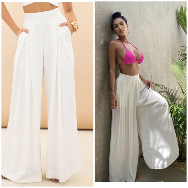 Beautiful White Flowing Pants - Boutique Top Seller Either Winter White Or Summer White These Pants Will Be Perfect Non-Stretch Waistband Wide Leg - Non See Through! Easy Care Fabric Content: 100% Polyester Multiple Sizes Large Measurements = L-43 W14-I.S 29 Runs True To Size But Length Is 43 On All Pair High Waist Pants With Pockets For Beach Season, Elegant Wide Leg Beach Trousers, White Full-length Wide Leg Pants For Day Out, White Beach Pants With Elastic Waistband, White Pants With Elastic Waistband For Beach, Fitted Wide Leg Pants For Vacation, White Full Length Wide Leg Pants For Day Out, White Wide Leg Pants For Day Out, Elegant Full-length Pants For Vacation