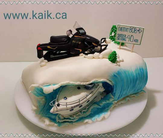 there is a cake that looks like a boat in the water with a motorbike on top