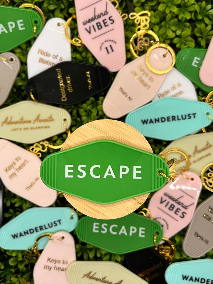 the escape sign is surrounded by many different colored tags