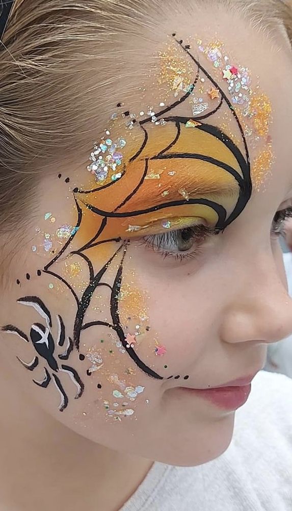 Harvest Festival Face Painting, Kids Halloween Facepainting, Toddler Halloween Face Paint, Fall Themed Face Paint, Pretty Halloween Face Paint, Witch Face Paint Kids Easy, Kids Face Painting Halloween, Pumpkin Facepainting Ideas, Halloween Facepainting Simple