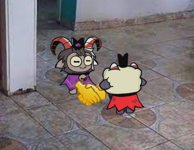 two cartoon characters standing next to each other on a tile floor in front of a door