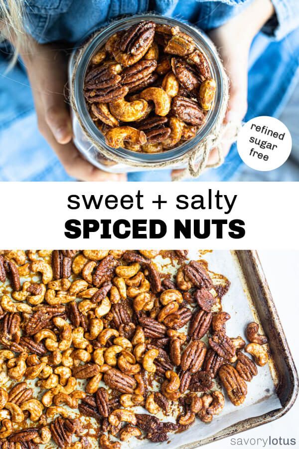 sweet and salty spiced nuts in a glass bowl