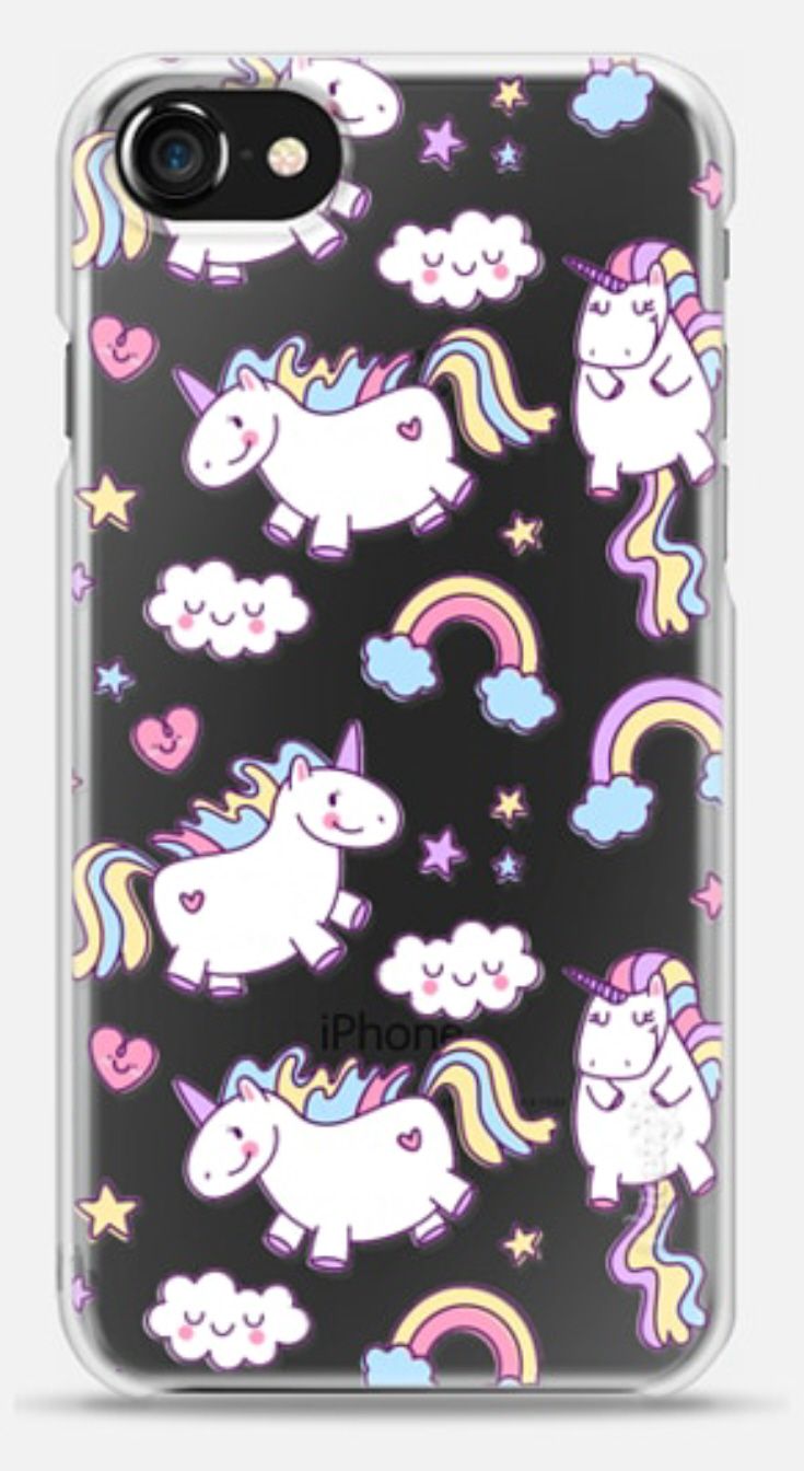 an iphone case with unicorns and stars on it, all in black color scheme