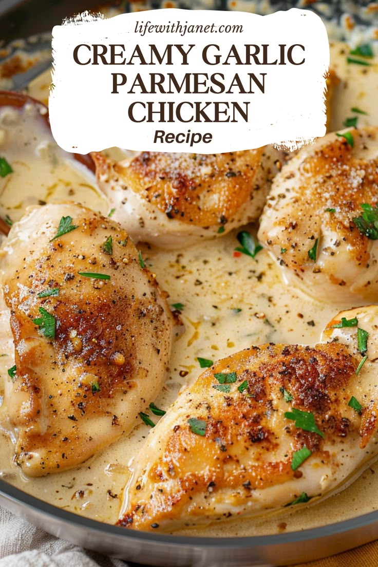 creamy garlic parmesan chicken recipe in a skillet with the title overlay