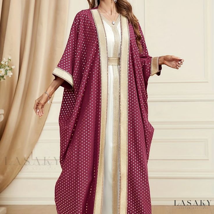 Lasaky - Chic Two-piece Set: Polka Dot Contrast Lace Open Front Maxi Kaftan Dress and V Neck Elegant Maxi Dress Outfits for Women Open Abaya Style, Fancy Abaya, Abaya Style, Open Abaya, Maxi Kaftan, Dubai Luxury, Maxi Dress Outfit, Elegant Maxi Dress, Evening Dresses Short