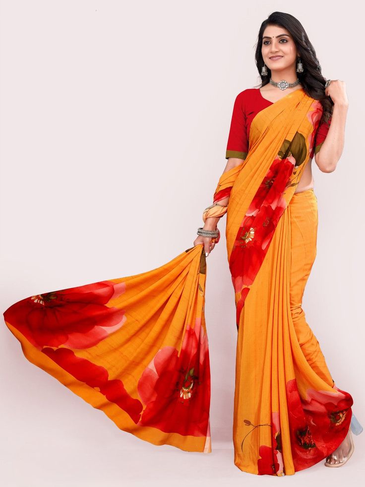 Mitali Georgette Floral Printed Saree Soft easy to wear georgette fabric. Comes with unstitch blouse fabric. Get ready to turn heads with the Mitali Saree! Made from lightweight georgette and featuring a stunning floral print, this saree combines traditional elegance with modern style. Floral Print Sarees, Gk Questions, Printed Saree, Georgette Fabric, Printed Sarees, Saree Styles, Beautiful Saree, Blouse Fabric, Floral Printed