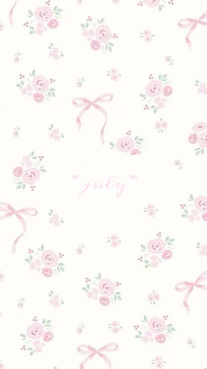 a white background with pink flowers and ribbons