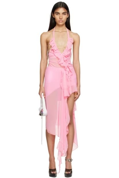 Raga Malak for Women FW24 Collection | SSENSE Pink Backless Dress For Casual Occasions, Elegant One-piece Dress With Ruffles, Chic One-piece Dress For Date Night, Flirty Fitted One-piece Dress, Fitted Flirty One-piece Dress, Glamorous Halter Neck Dress With Ruffles, Summer Evening One-piece Dress, Fitted One-piece Ruffle Dress, Fitted Ruffled One-piece Dress