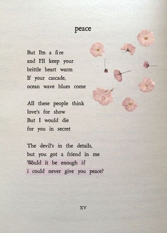 a poem written in pink ink with flowers on the bottom and words above it that read peace