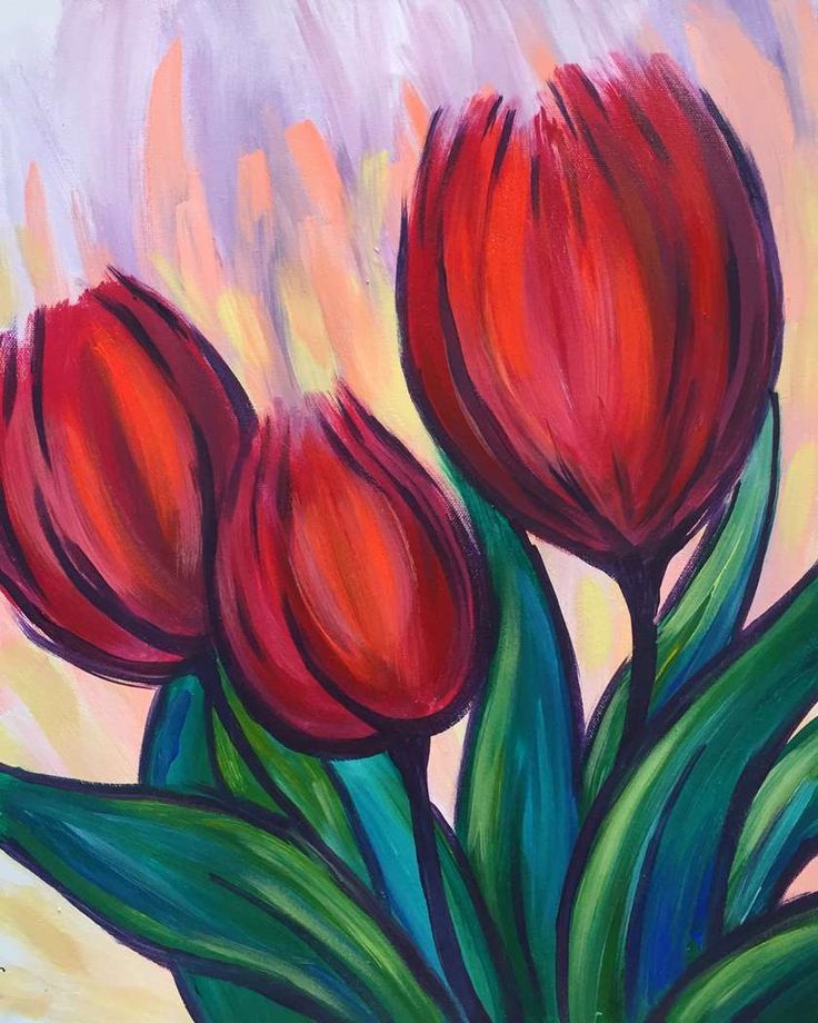 a painting of three red tulips in a vase