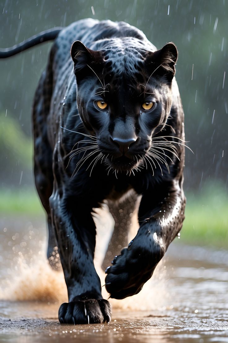 a black panther running through the rain