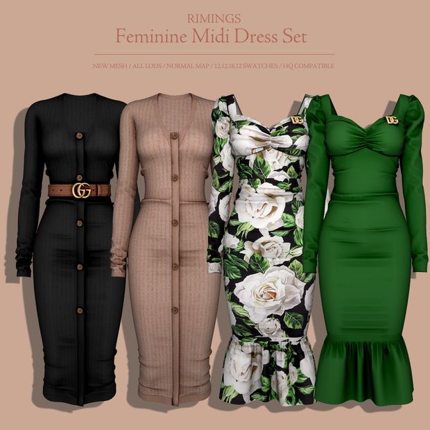 three dresses are shown in different colors and sizes, one is black, the other is green