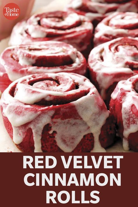 red velvet cinnamon rolls with white icing on top and the title overlay reads, red velvet cinnamon rolls