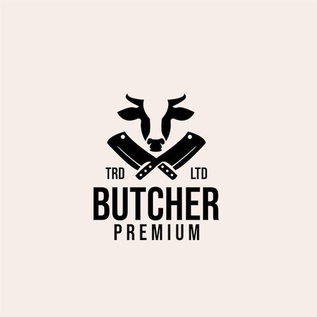 the butcher logo with two knives and an image of a cow's head on it