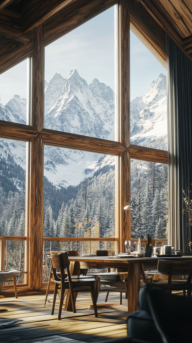 a dining room table and chairs in front of large windows with mountains outside the window