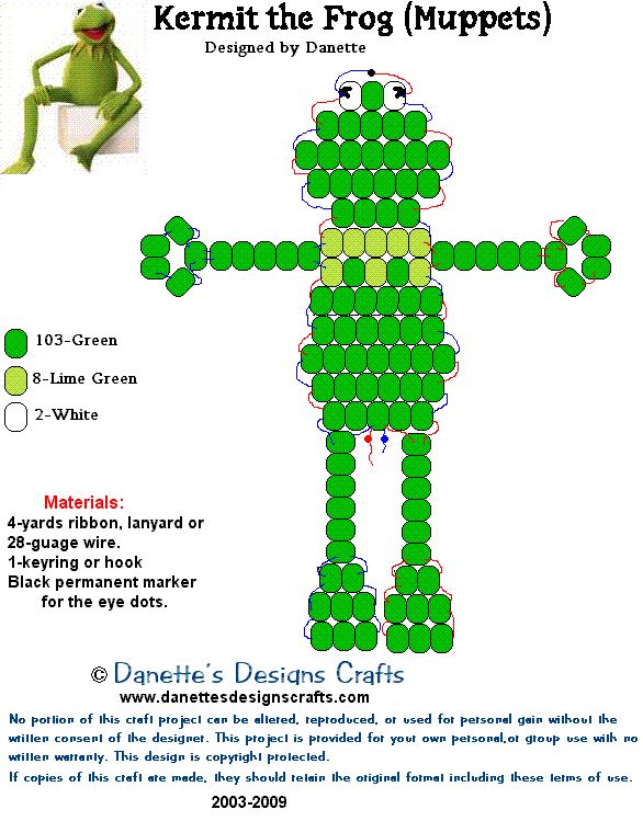 the frog puppet is made out of green beads and has an image of it's legs