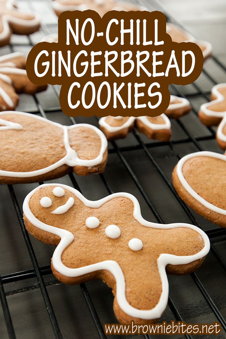 no - chill gingerbread cookies with white icing on a cooling rack